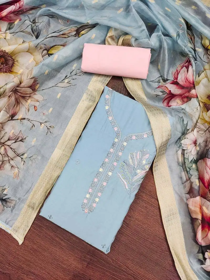 Women's grey premium roman silk embroidered unstitched dress material