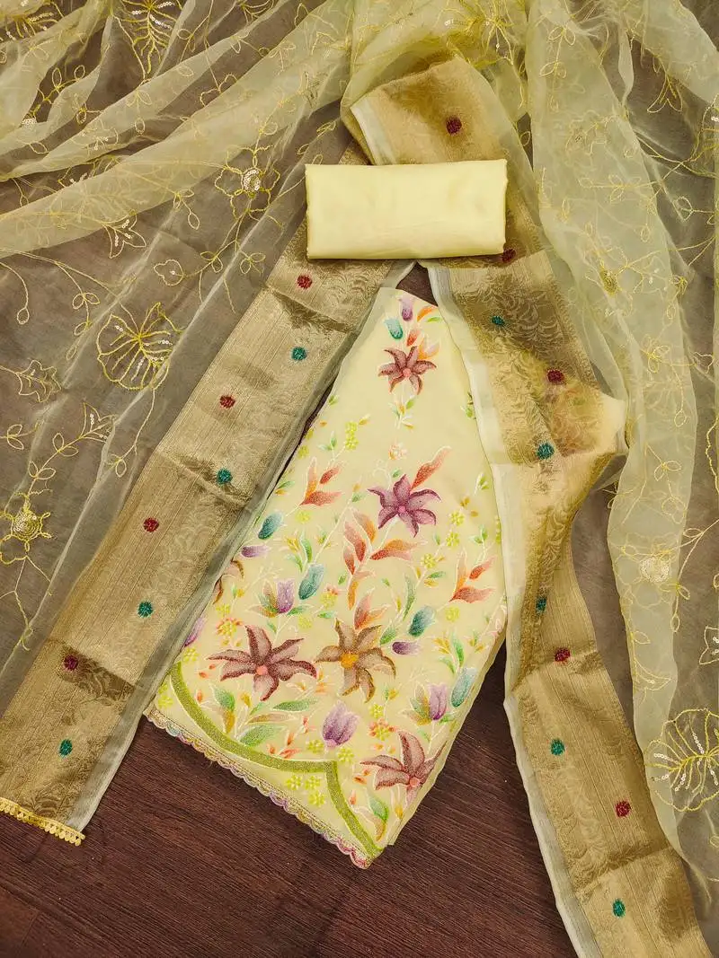 Yellow organza position work unstitched dress material