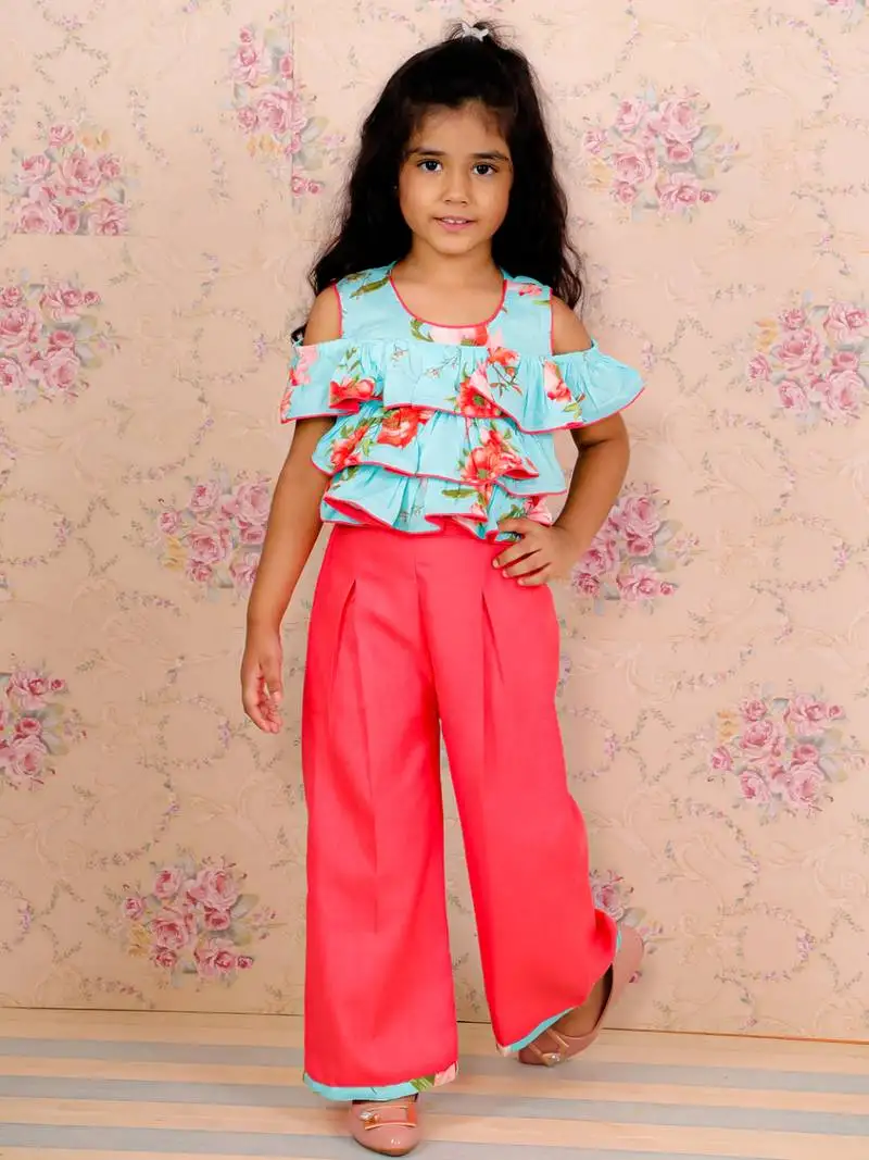 Twisha girls floral printed ruffle top & palzzo set - aqua blue & coral