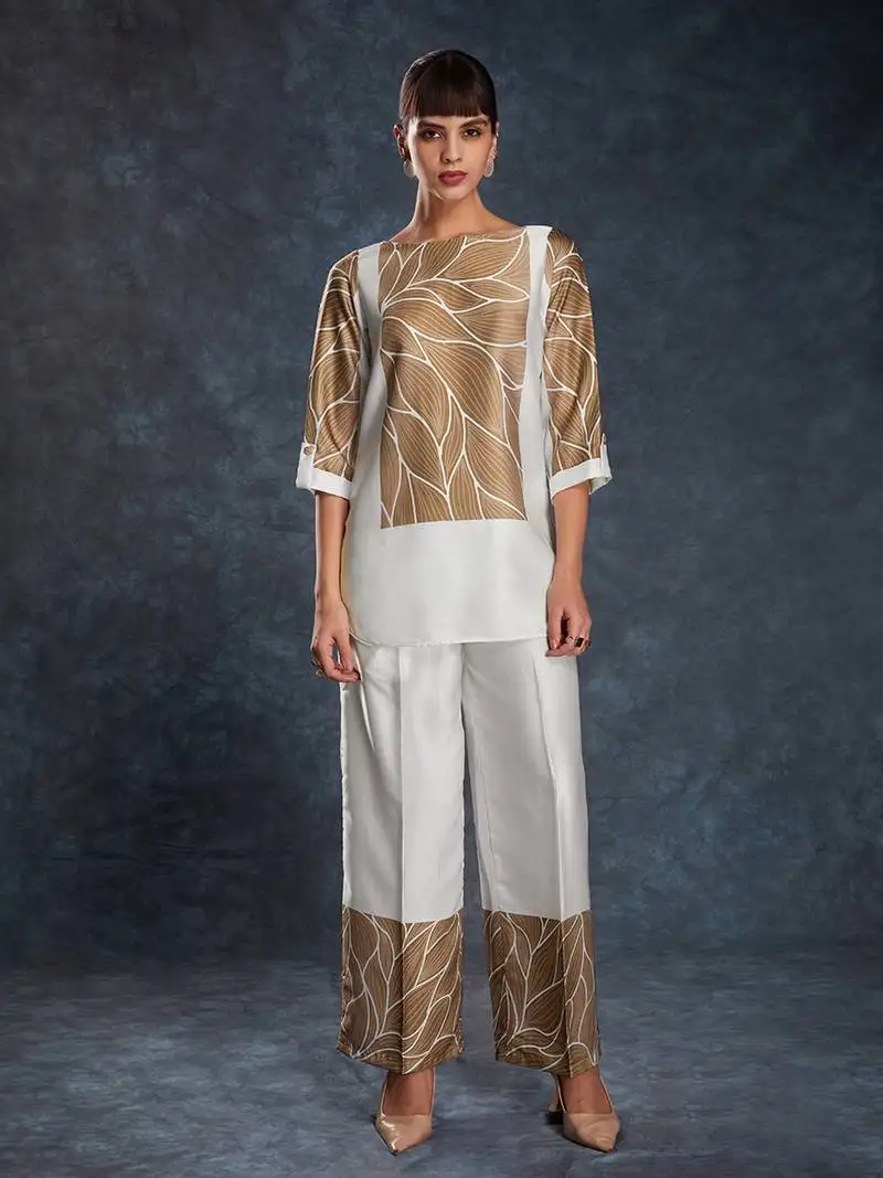 White and brown leaf print co-ord set