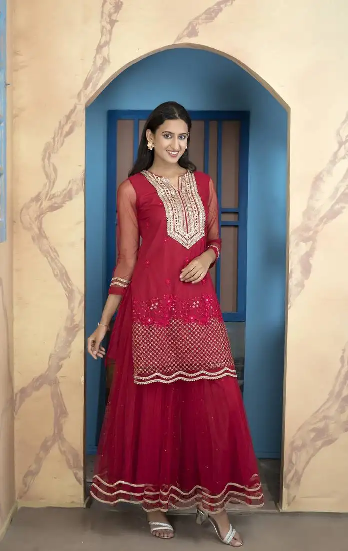 Nikhaar pink embroidered net straight cut kurta & sharara set