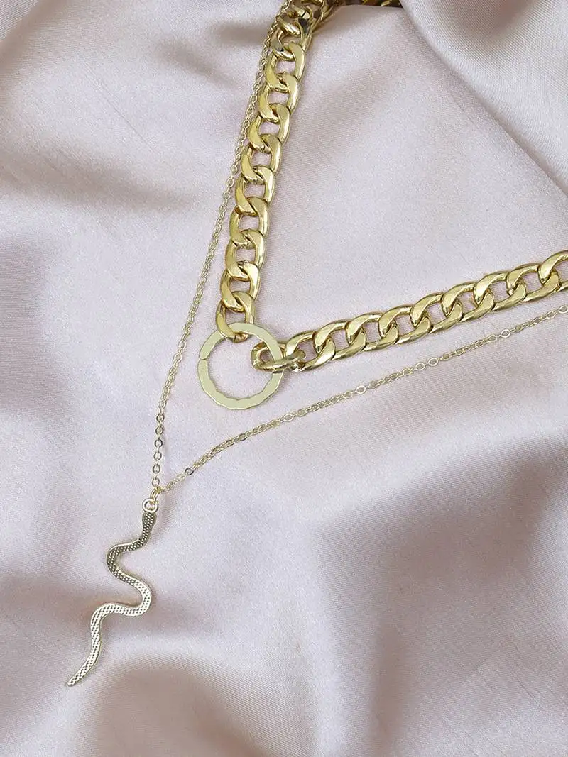 Dual layered bold link snake drop gold-plated necklace