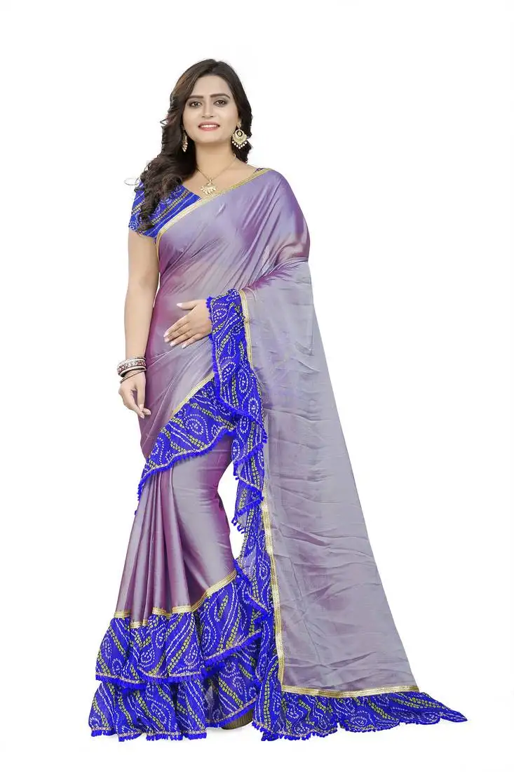 Blue printed chiffon ruffle saree with blouse