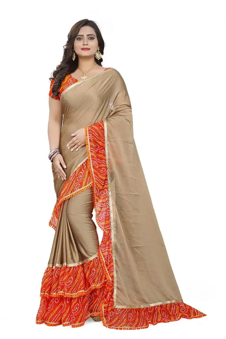 Beige printed chiffon ruffle saree with blouse