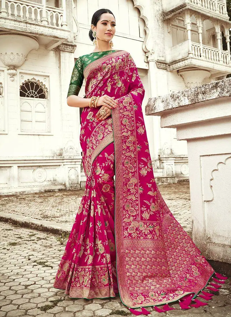 Magenta woven designer banarasi silk blend wedding saree with blouse by monjolika