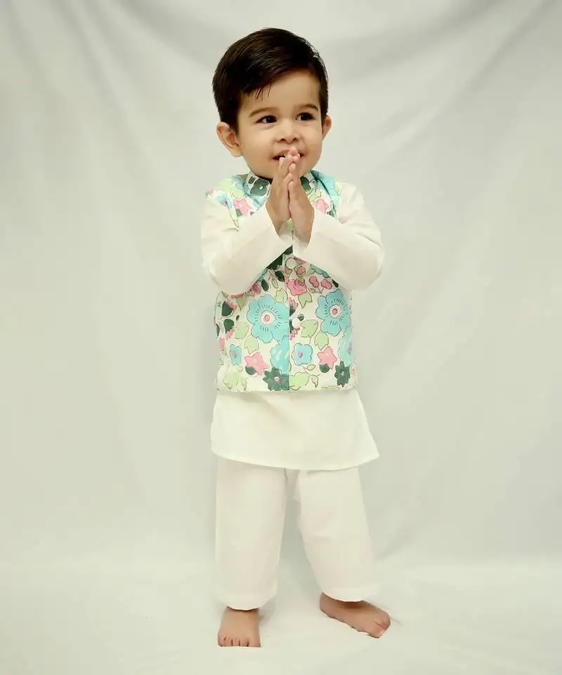 White cotton print blossom max bundi kurta set