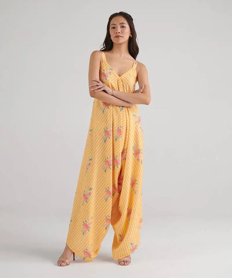 Yellow printed rayon jumpsuit stitched