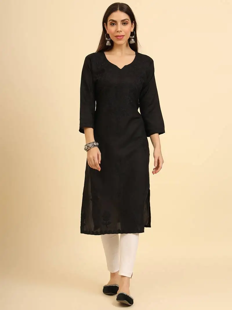 Black chikankari embroidery work fancy formal party cotton kurti
