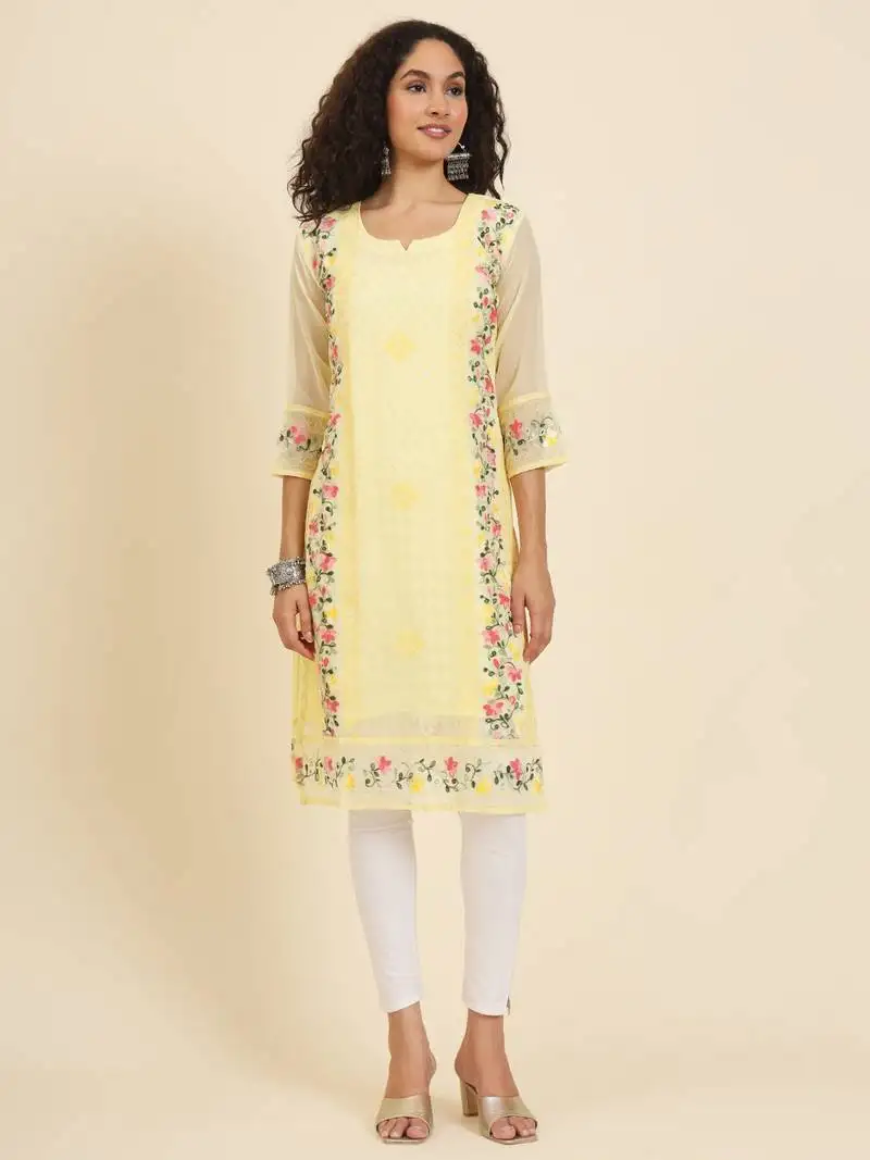 Beautiful yellow colour georgette fabric fancy ethnic girlie kurti