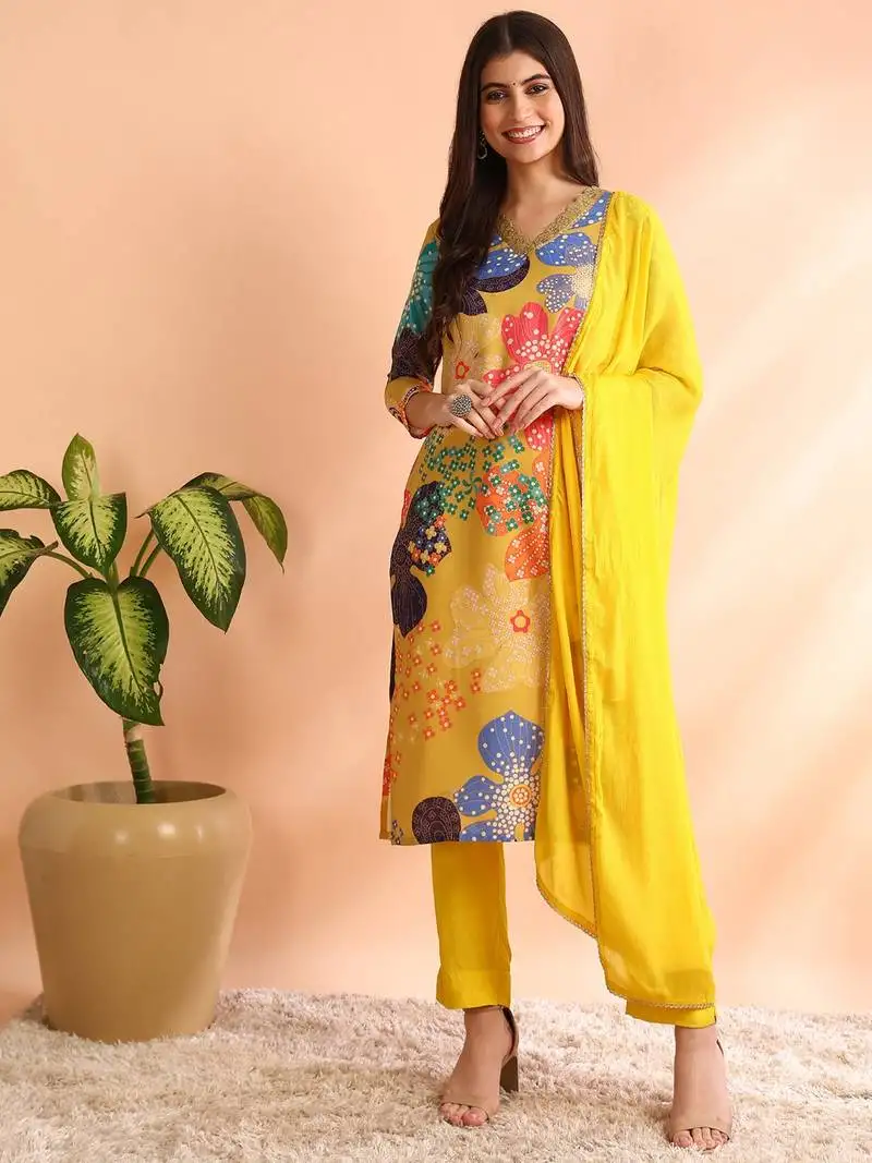 Yellow printed blended cotton stitched readymade suit
