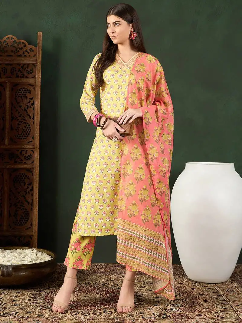 Yellow printed rayon stitched readymade suit