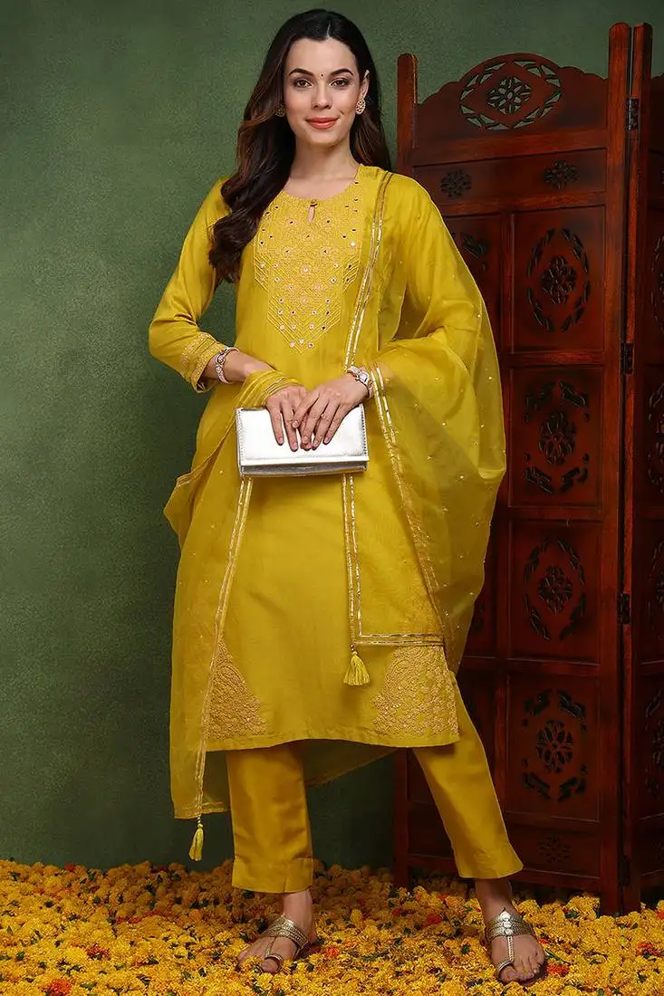 Yellow plain silk blend stitched readymade suit