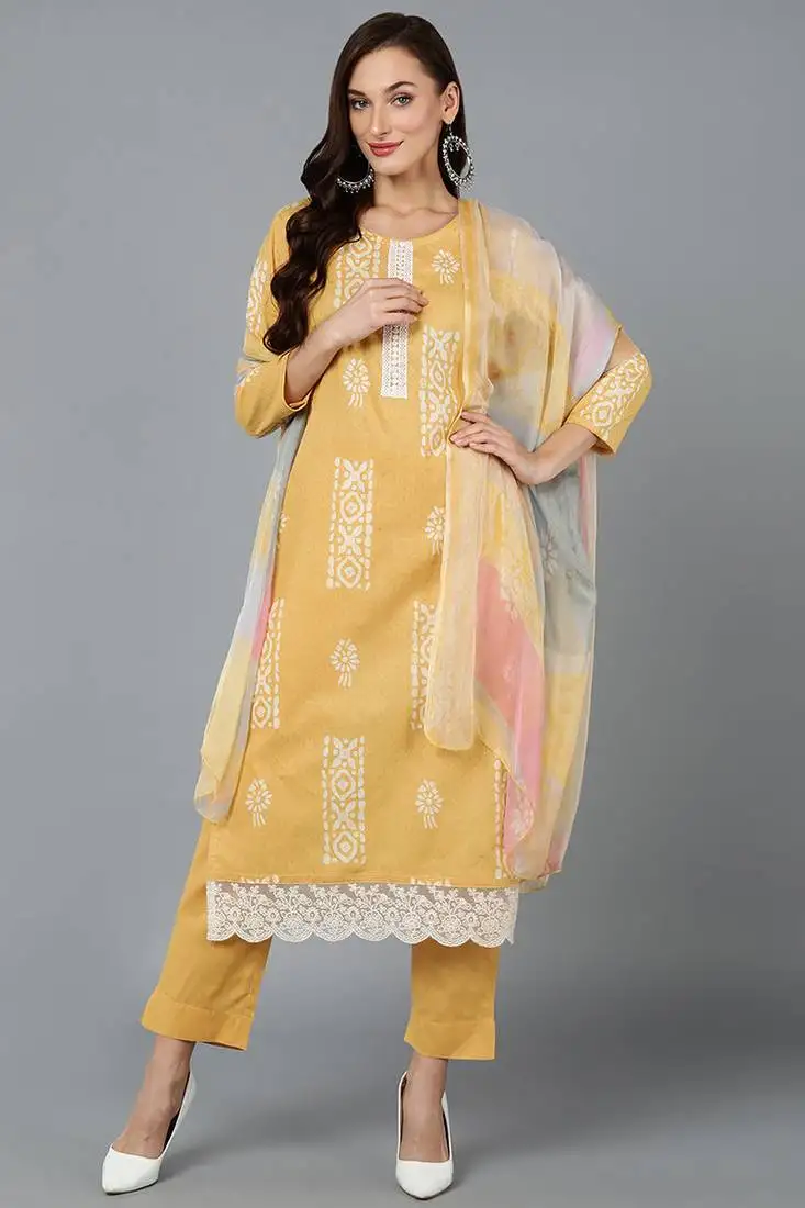 Yellow printed silk blend stitched readymade suit