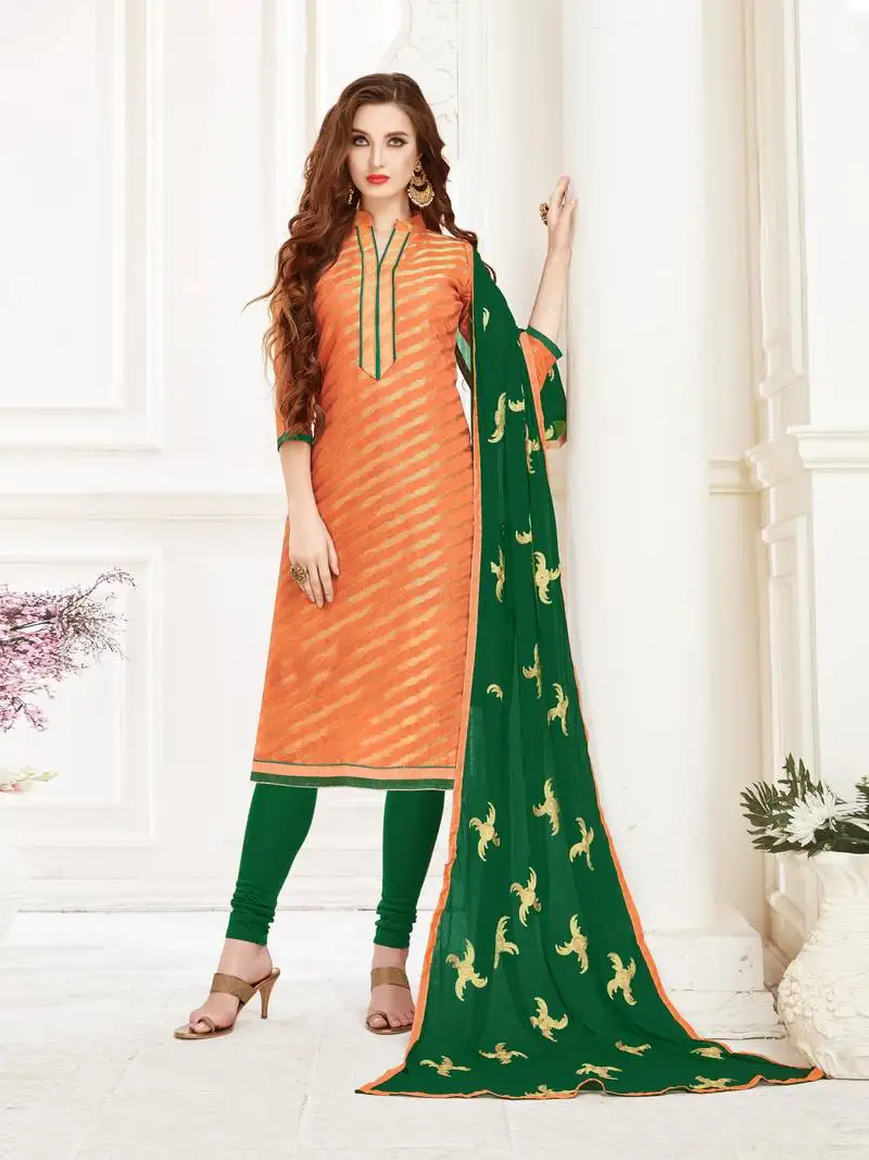 Orange embroidered banarasi cotton unstitched salwar suit with dupatta