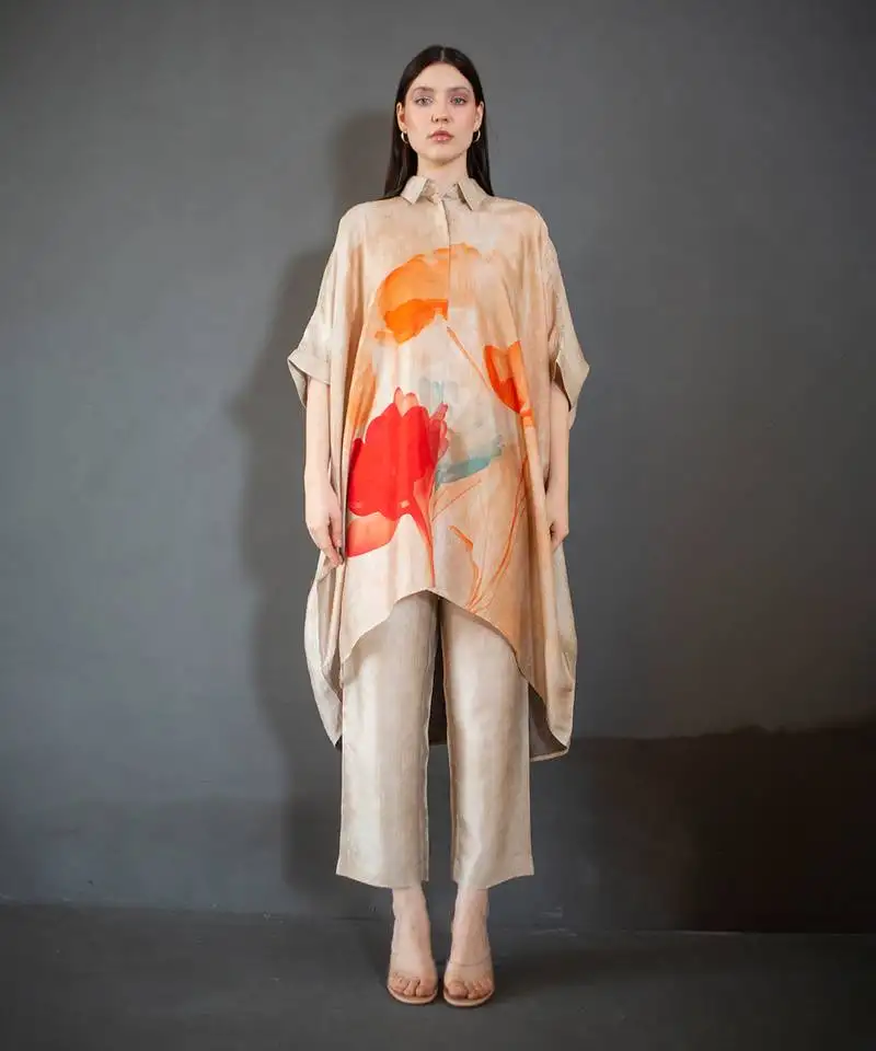 Beige high low kaftan set