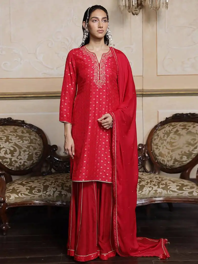 Virtual red woven silk salwar suit