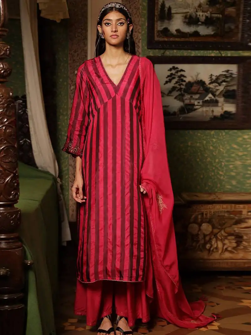 Beetroot pink woven silk salwar suit