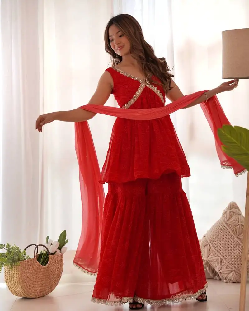 Red bandhani sharara set with dupatta stitched