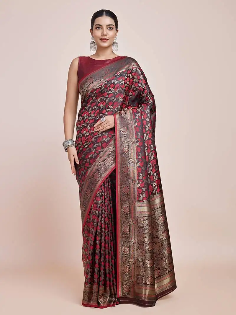 Banarasi satin silk maroon weaving designer saree
