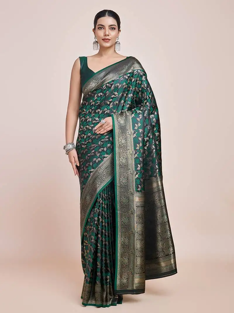 Banarasi satin silk dark green weaving designer saree