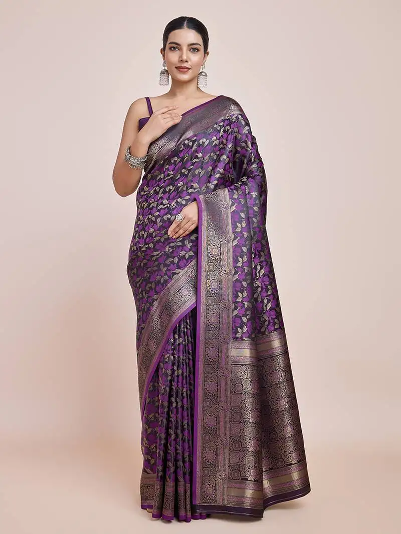 Banarasi satin silk dark purple weaving designer saree