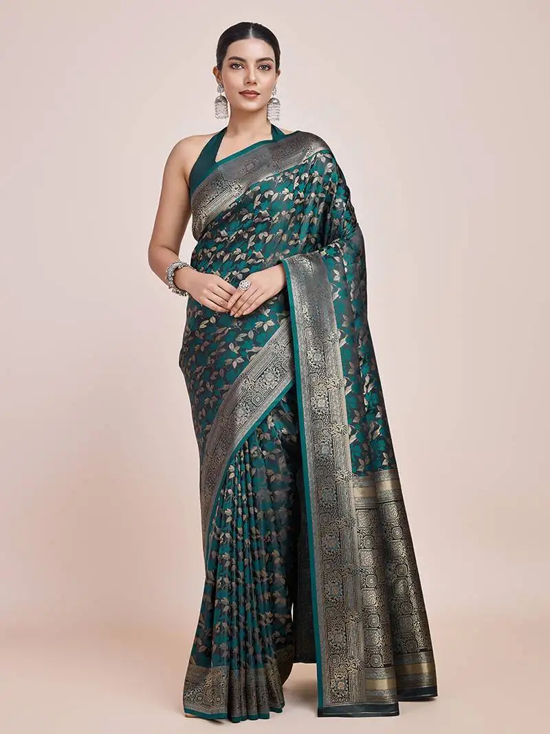 Banarasi satin silk dark teal weaving designer saree