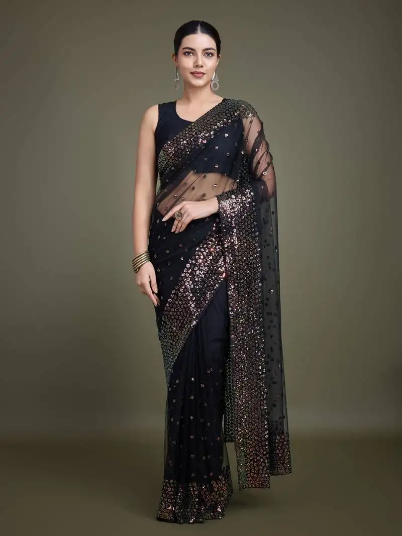 Women's black soft net saree with sequin embellished border and pallu