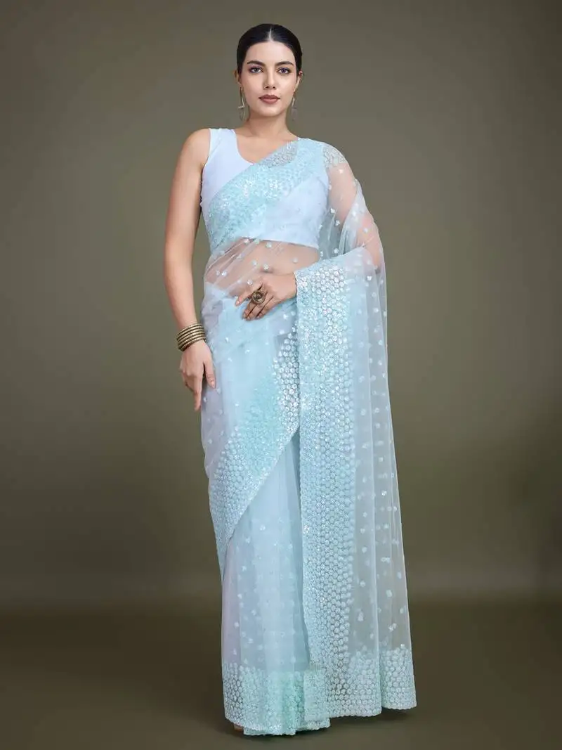 Women's light sky blue soft net saree with sequin embellished border and pallu