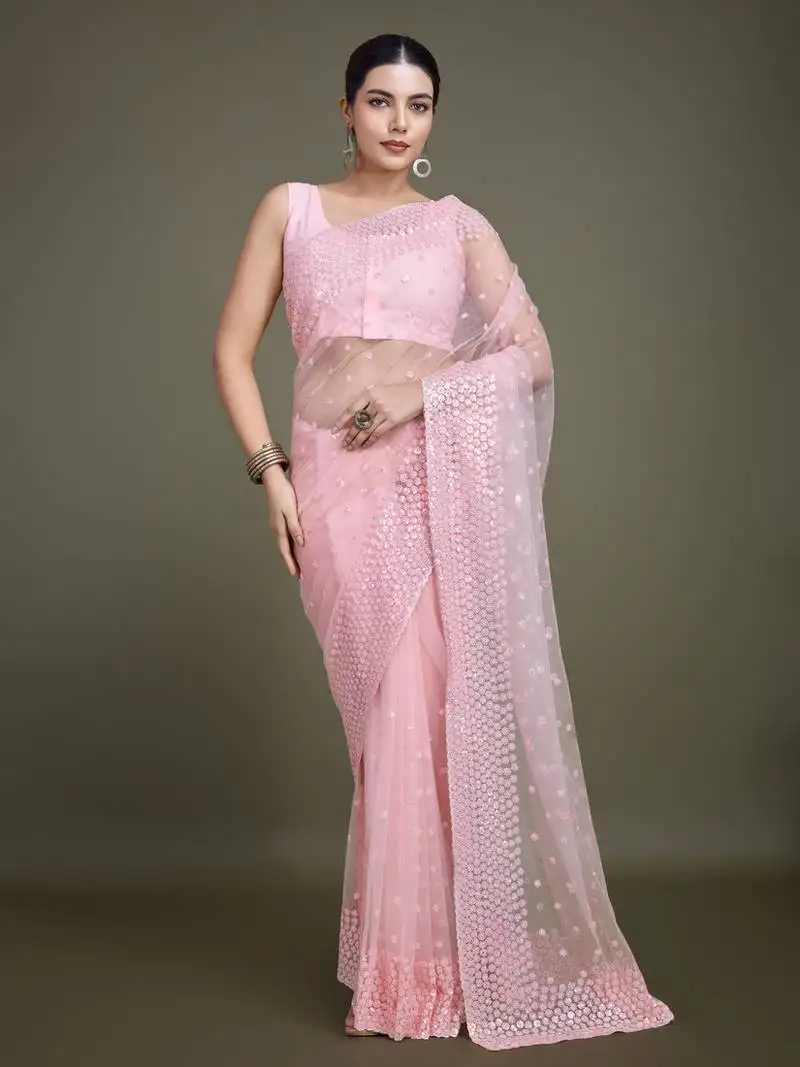 Women's light pink soft net saree with sequin embellished border and pallu