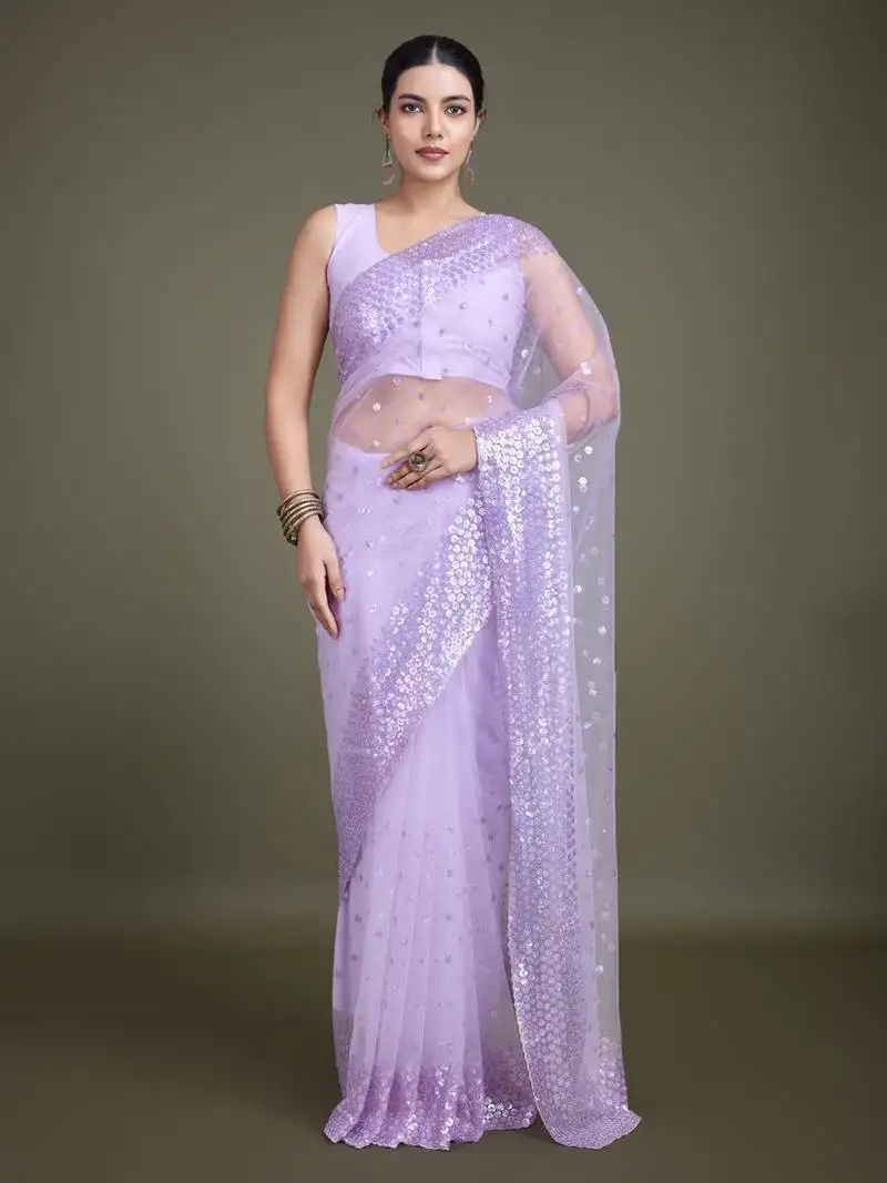 Women's lavender soft net saree with sequin embellished border and pallu