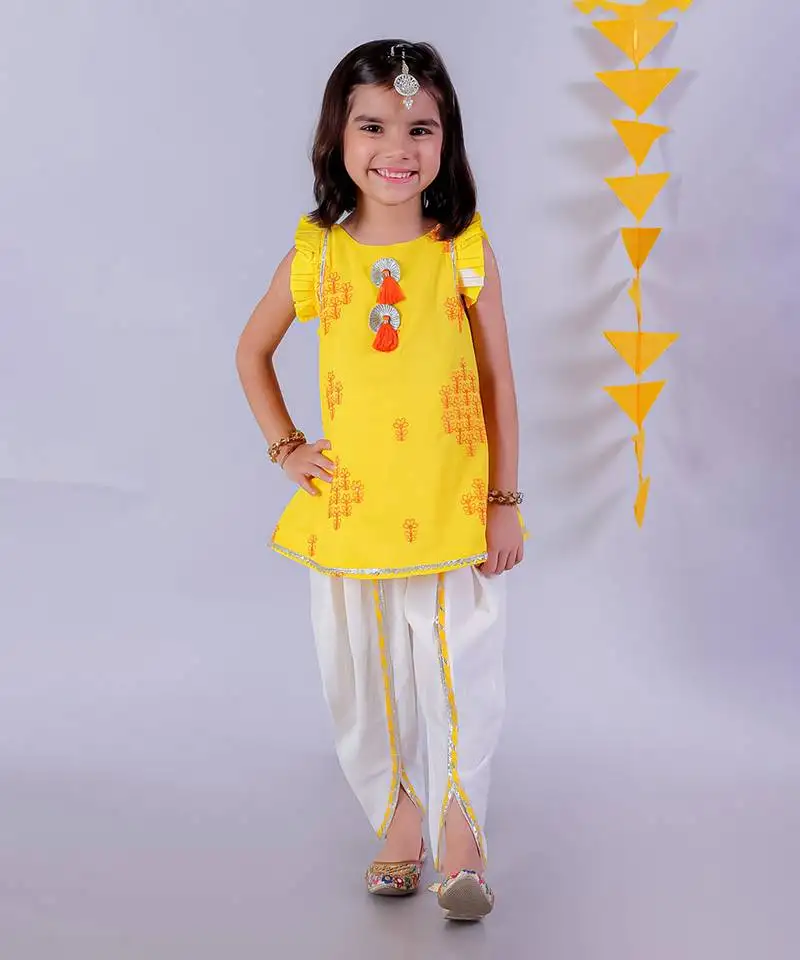yellow cotton kurta and white dhoti ethnic set