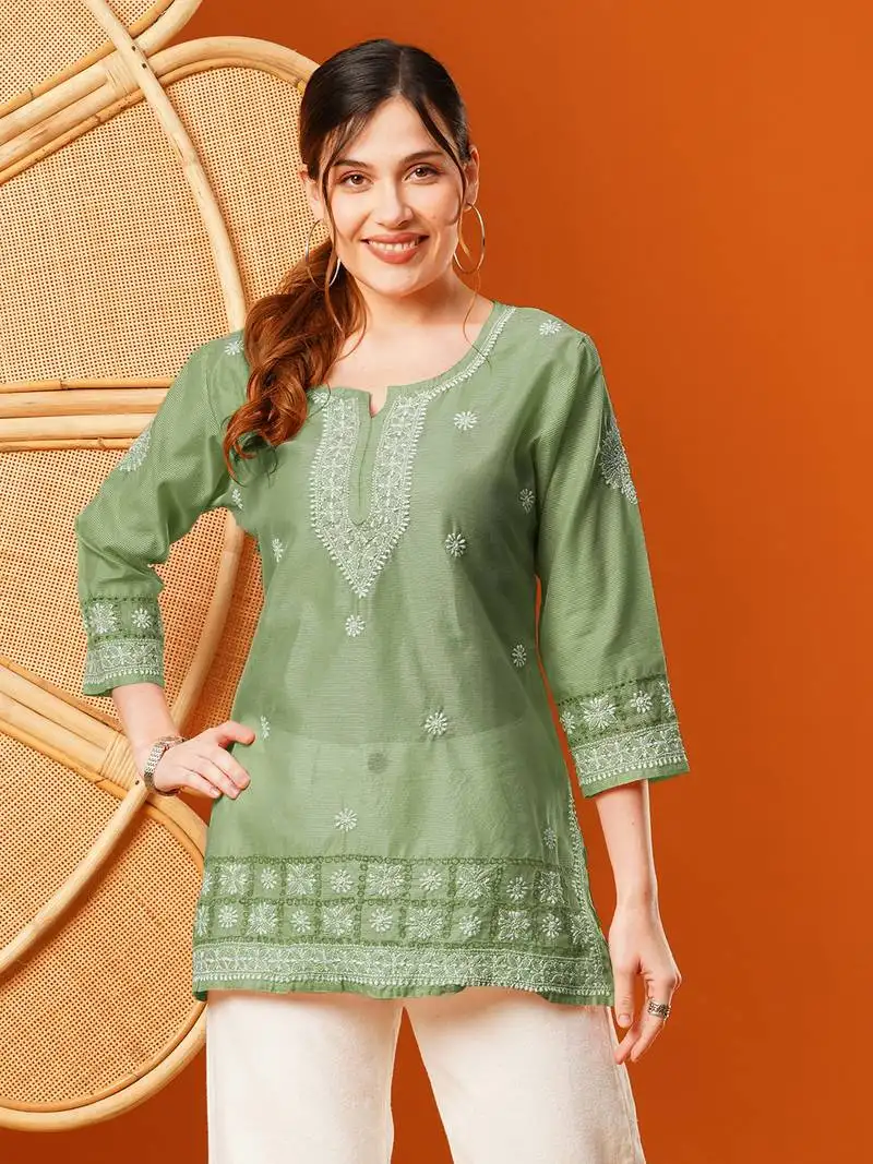 Hand embroidered green chanderi lucknowi chikankari short kurti
