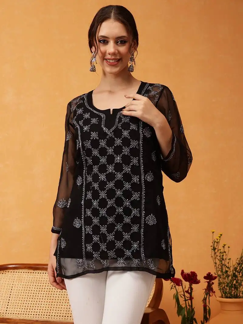 Hand embroidered black & grey georgette lucknowi chikankari short kurti with slip