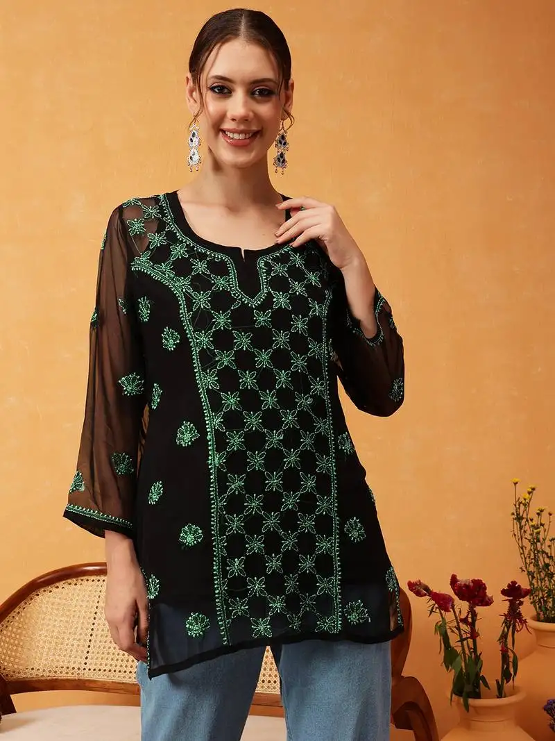 Hand embroidered black & green georgette lucknowi chikankari short kurti with slip