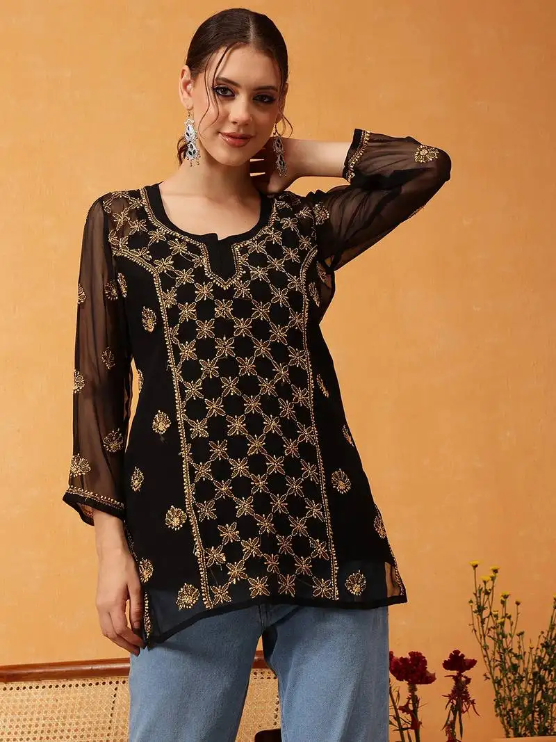 Hand embroidered black & golden georgette lucknowi chikankari short kurti with slip