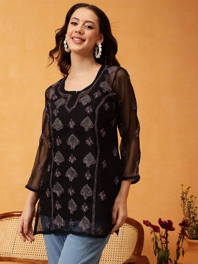 Hand embroidered black & mauve georgette lucknowi chikankari short kurti with slip