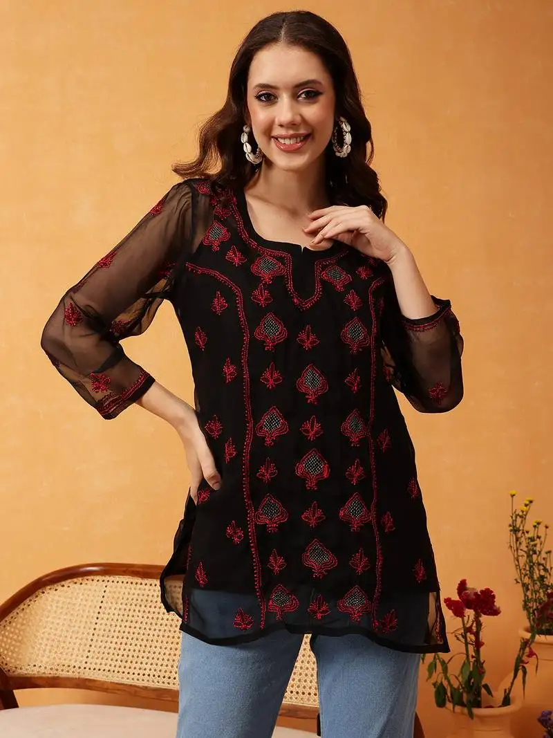 Hand embroidered black & red georgette lucknowi chikankari short kurti with slip