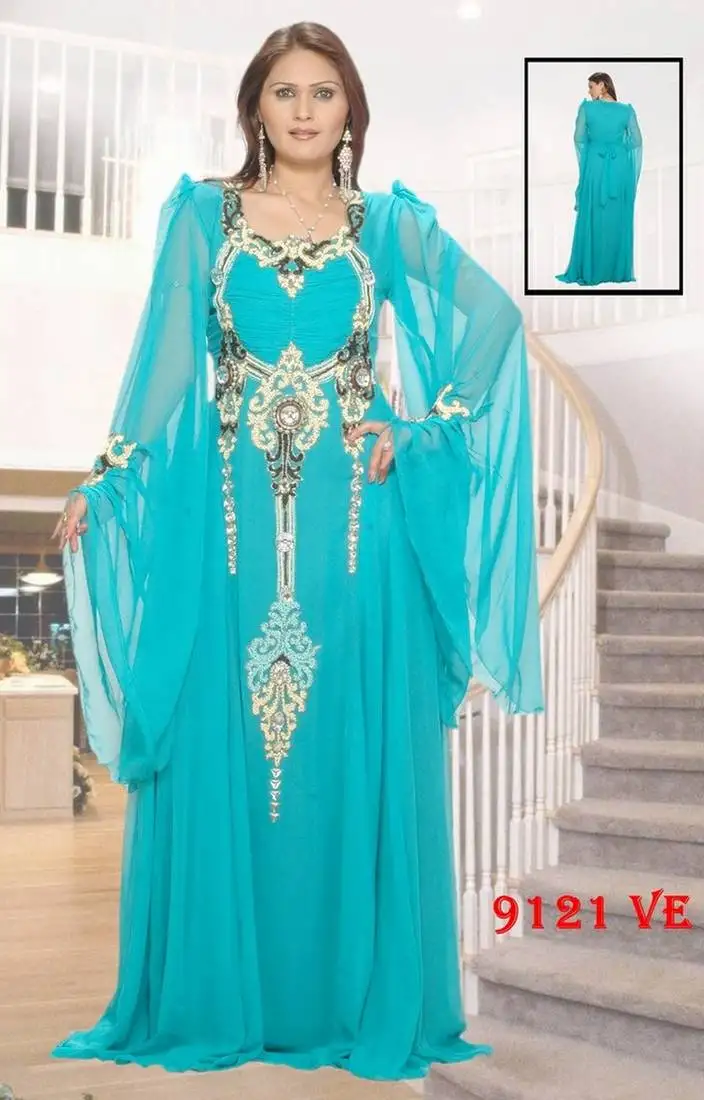 Aqua blue georgette stone work kaftan dress