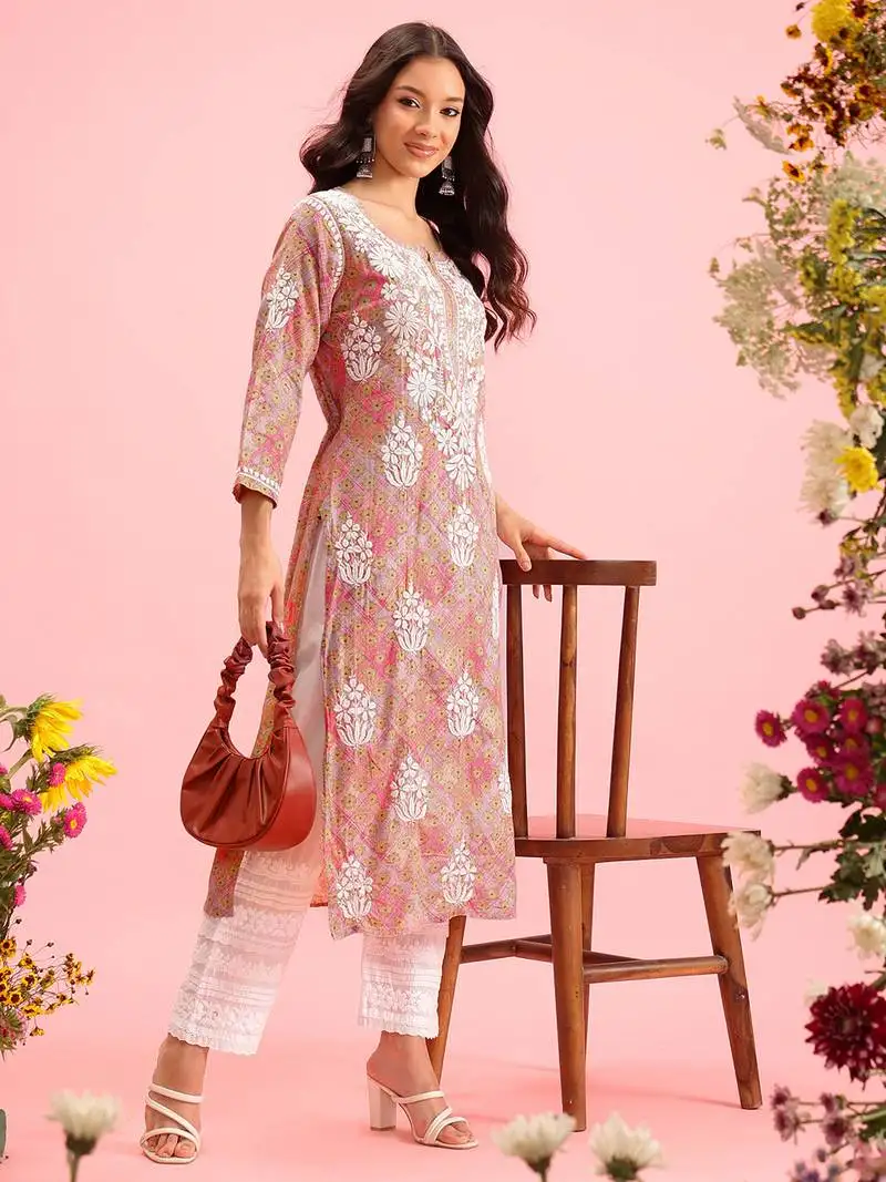 Hand embroidered printed pink mulmul cotton lucknowi chikankari straight kurta