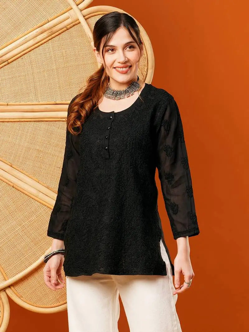Hand embroidered black cotton lucknowi chikankari short kurti
