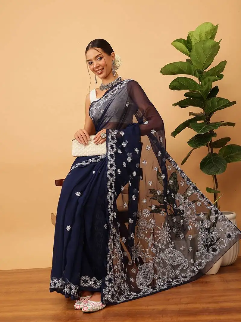Hand embroidered navy blue georgette lucknowi chikankari indian women saree with blouse