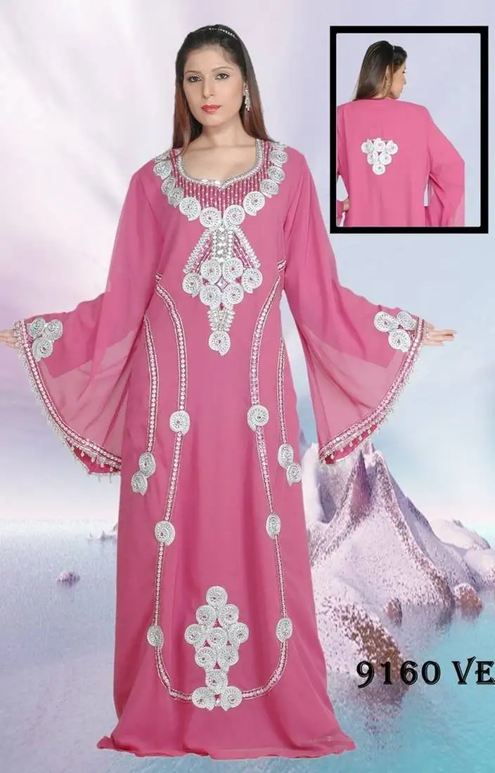 Baby-pink embroidered georgette islamic-kaftans