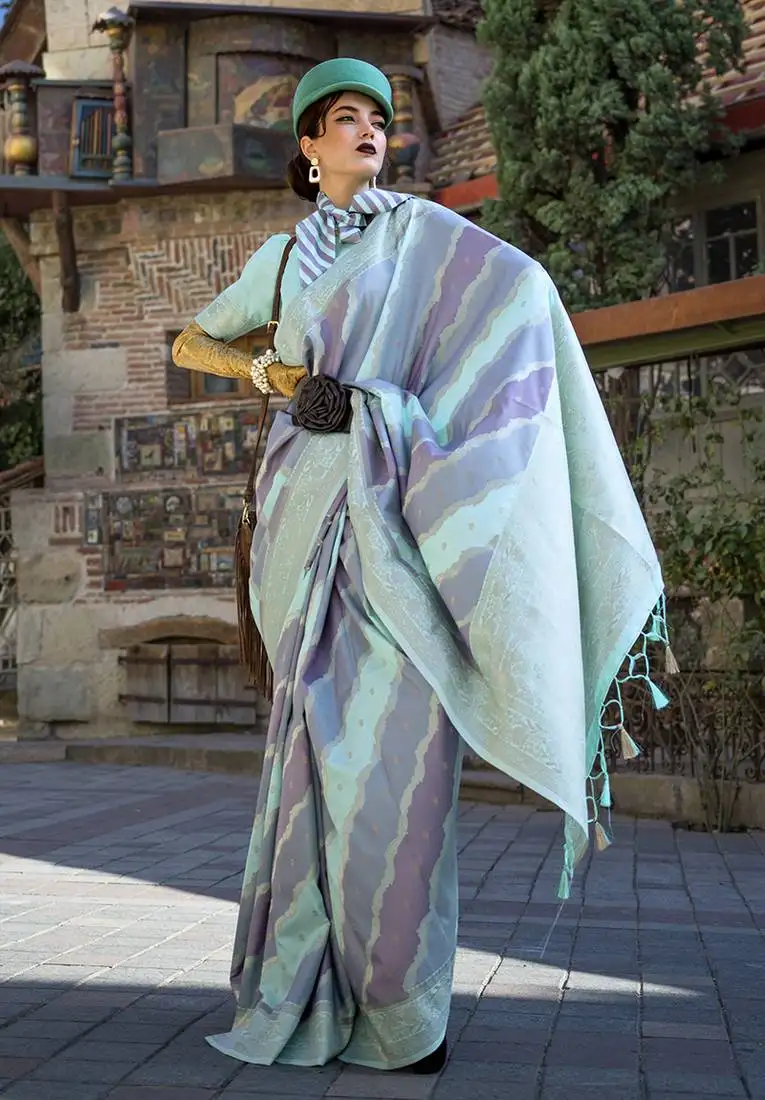 Aqua blue ceremonial katan silk weaving zari contemporary saree