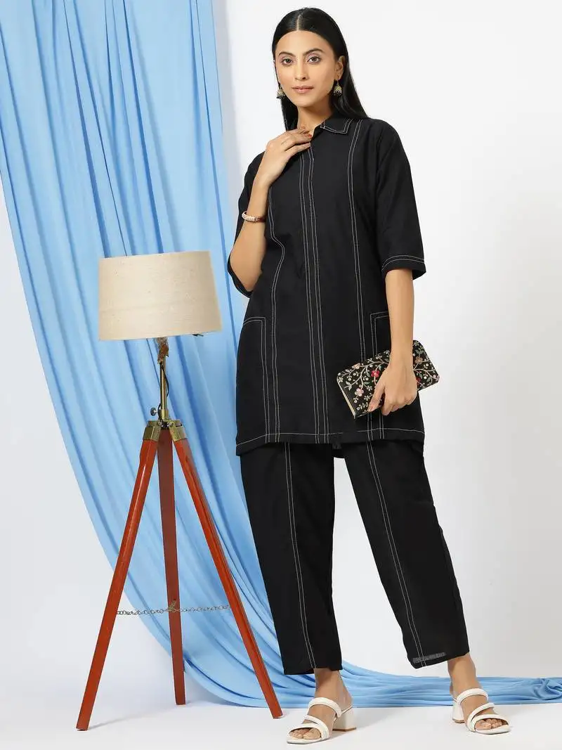 Anushil stylish co-ord set for women - solid shirt style kurti with pants, 2peice kurta with trouser casual wear stitched