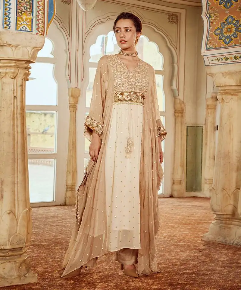Beige embroidered kaftan set