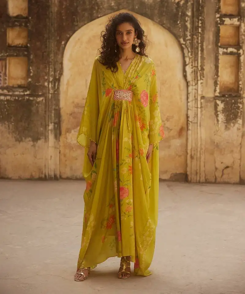 Yellow habutai printed floral inner with kaftan