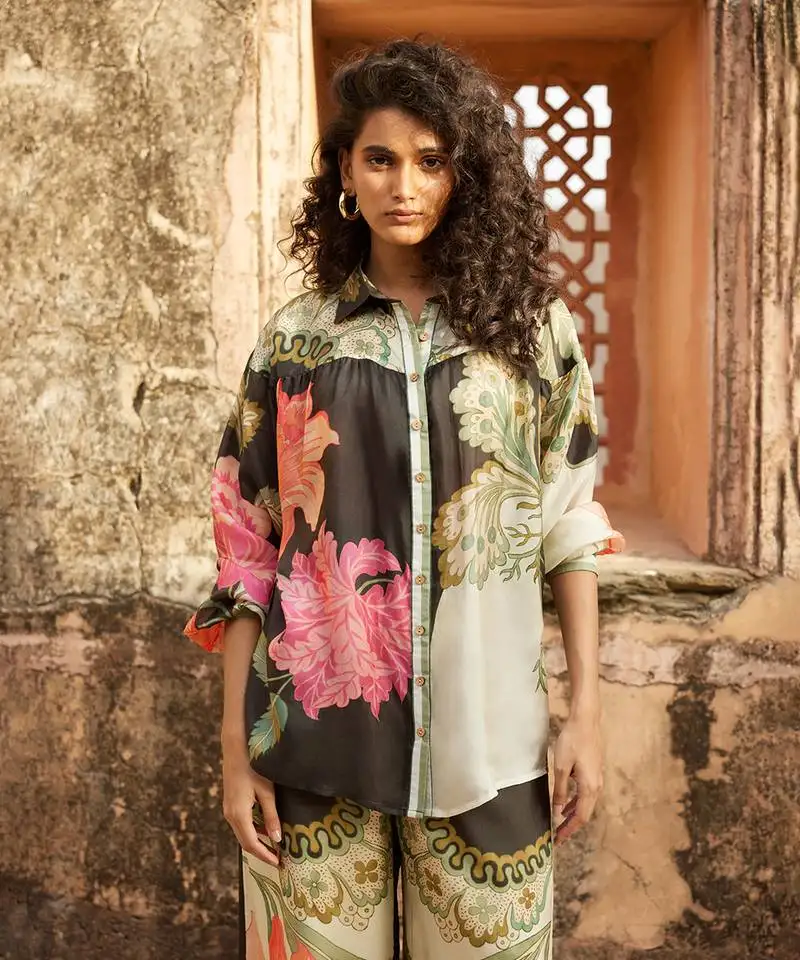 Black pure habutai silk floral printed co-ord set