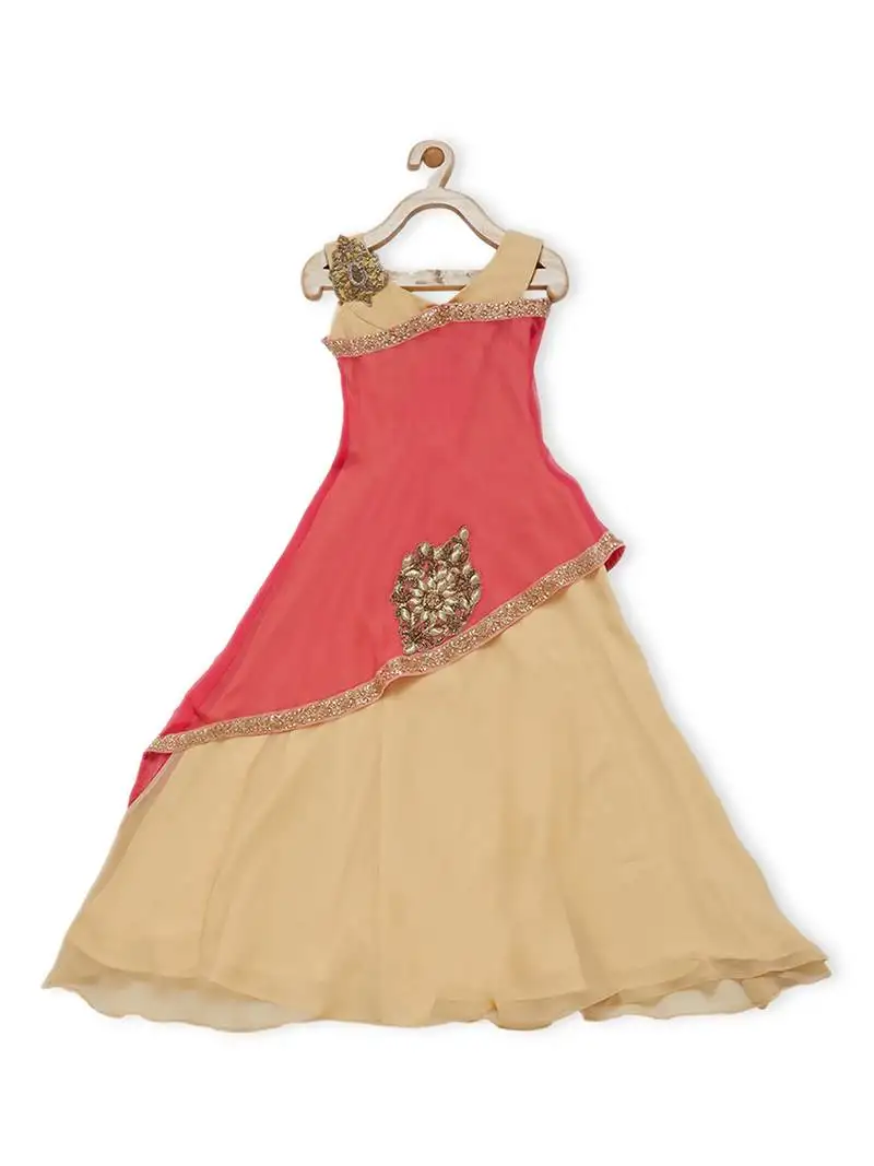 Beige embroidered faux georgette kids gowns