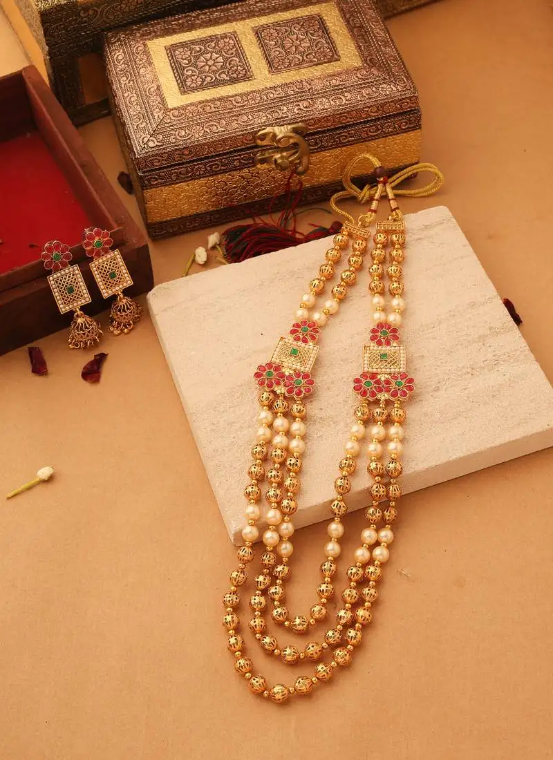 3 layered multicolour necklace set with earrings