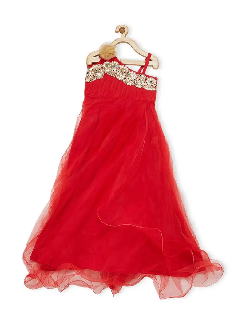 Red embroidered net kids gowns